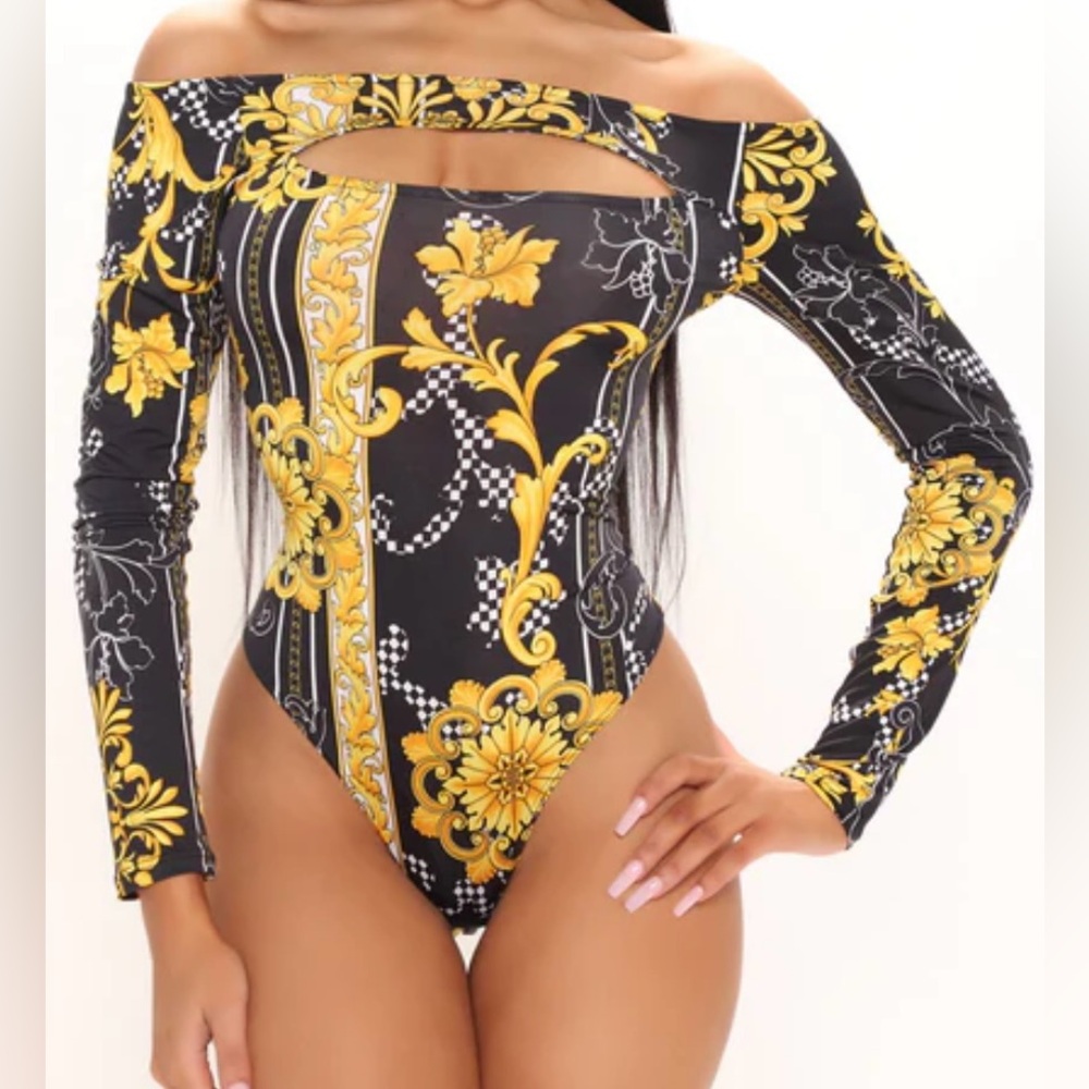 Black and Gold Off-Shoulder Bodysuit